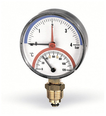 Termomanometru TIRM-ABS Watts, cadran Ø80, domeniu masura 0-4 bari, 0 - 120ºC, racord radial 1/2"